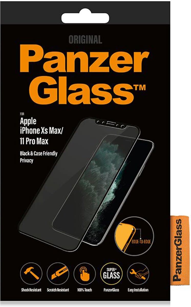 PanzerGlass Edge to Edge Screenprotector geschikt voor Apple iPhone XS Max Glazen Screenprotector Privacy - Case Friendly - Zwart
