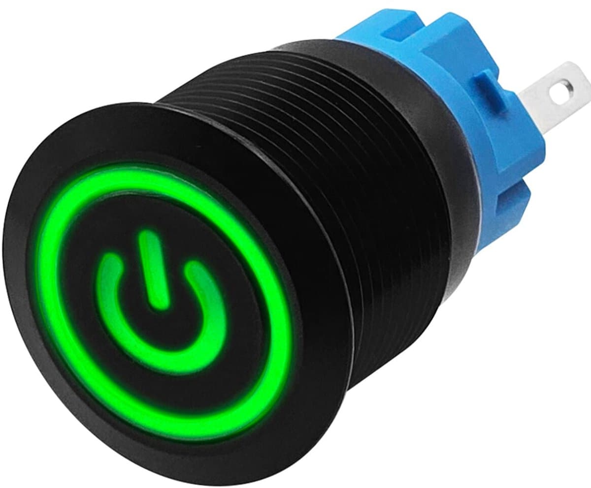 ProRide Metalen Pulsschakelaar 220V OFF-(ON) - 19mm - Momentschakelaar - Spatwaterdicht - LED Indicatie Groen