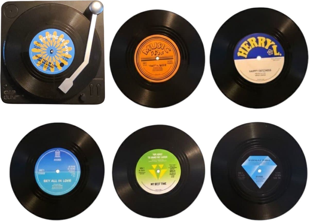 LP Vinyl Onderzetters - 6 stuks + houder in de vorm van een platenspeler