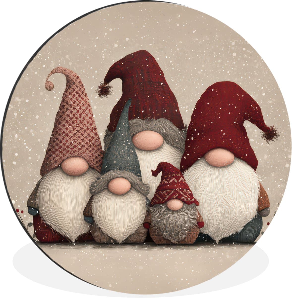 WallCircle - Wandcirkel - Muurcirkel - Kabouters - Kerst - Sneeuw - Puntmutsen - Aluminium - Dibond - 120x120 cm - Binnen en Buiten XXL