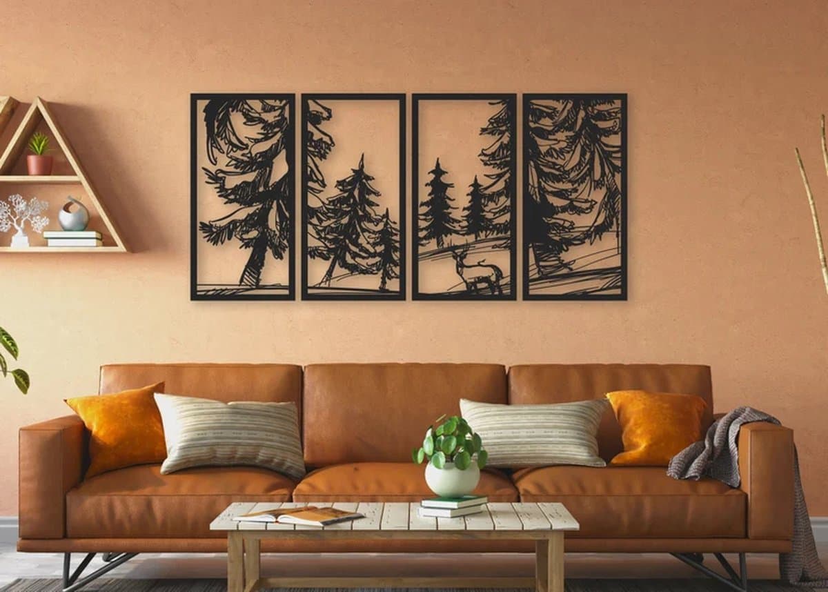 Metalen Wanddecoratie Mountain Forest – 3D Wandkunst – Zwart – 84 x 175 cm