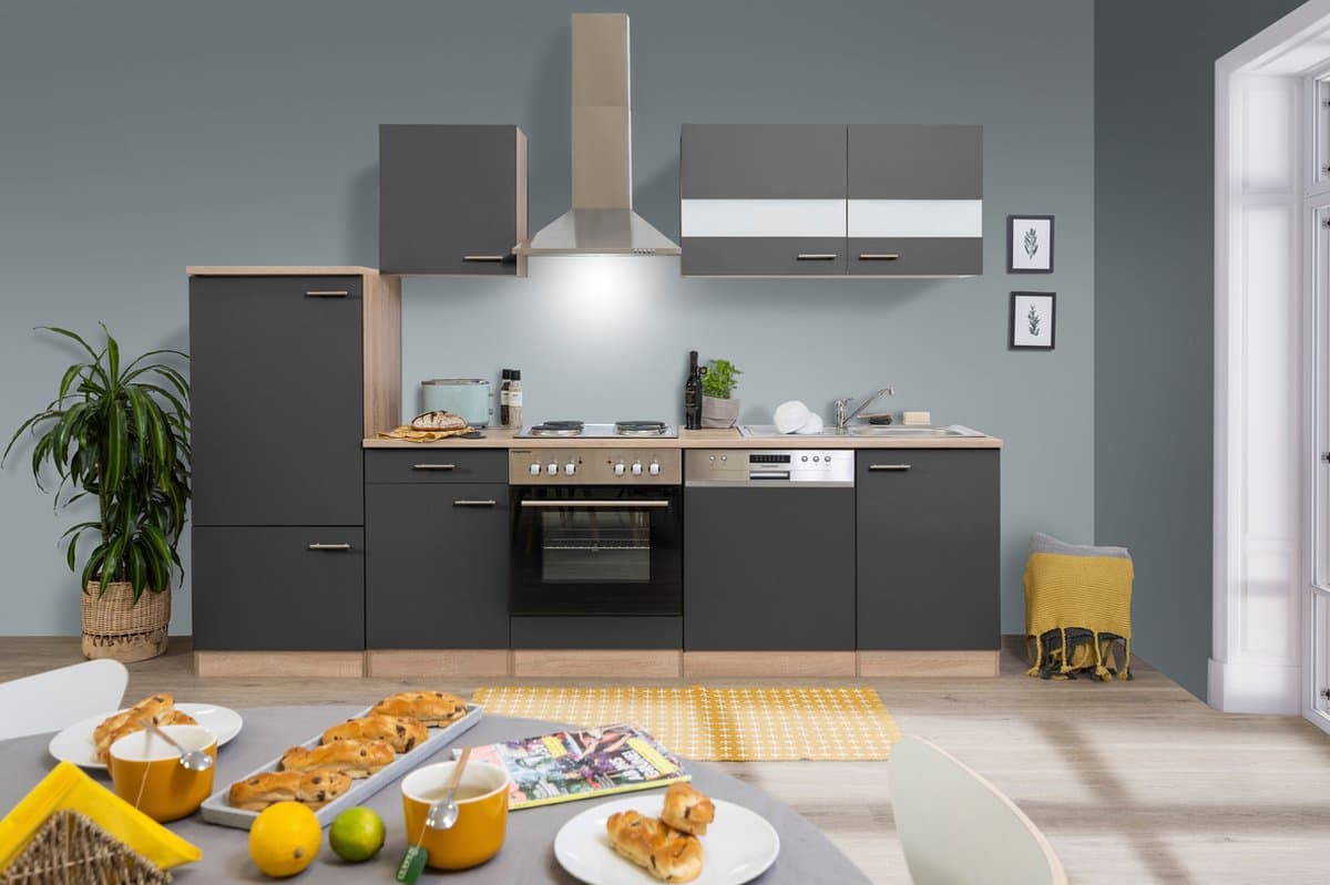Goedkope keuken 280  cm - complete keuken met apparatuur Merle  - Eiken/Grijs - soft close - elektrische kookplaat - vaatwasser - afzuigkap - oven    - spoelbak
