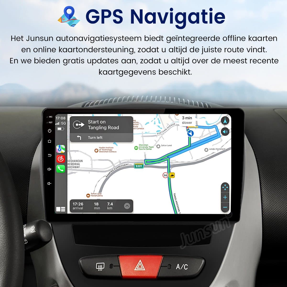Junsun Autoradio - Geschikt voor Peugeot 107, Toyota Aygo & Citroen C1 - Android 15 - 4+64GB - Draadloos Carplay & Android Auto - 10.1 Inch HD Touchscreen - Bluetooth - GPS Navigatiesysteem - AHD Achteruitrijcamera - WIFI & 4G & RDS & SWC - Octa-Core