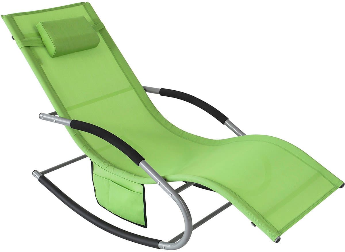 SoBuy Ligstoel, Tuinstoel, Schommelstoel met Verstelbare Hoofdsteun, Opbergzak, voor Tuin,Buiten, Balkon, Strand, ontspanning, zonnebad, Groen, OGS28-GR