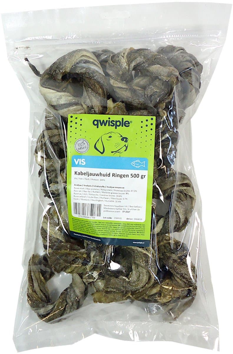 Qwisple Kabeljauwhuid Ringen - Natuurlijk Gedroogde Hondensnacks - 500 gr