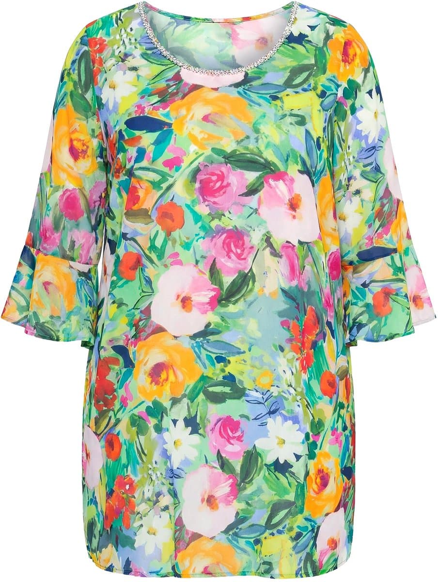 MIAMODA - Dames - Tuniek A-lijn all-over print 3/4-mouw - Mintgroen - Maat 44