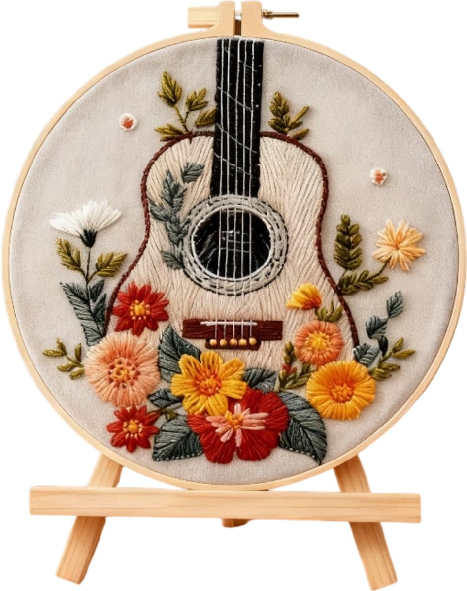 PREMIUM Borduurpakket voor volwassenen – DIY decoratie – Creatieve borduurset – Borduren - Bloemen - Muziek - Golden Guitar
