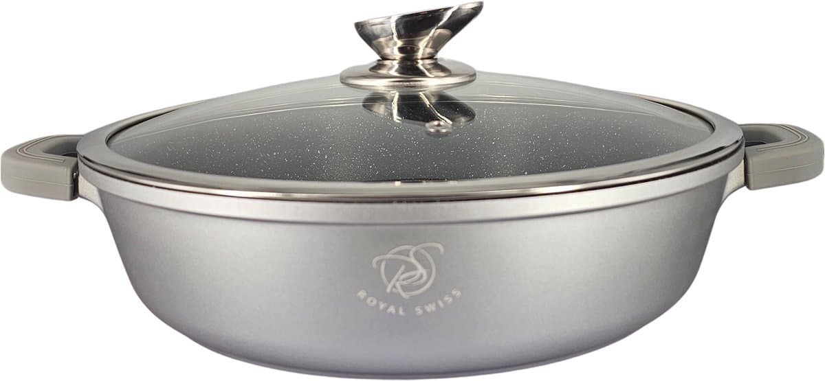 Royal Swiss® Braadpan - Lage Kookpot 28 cm – 4L – Marmeren Antiaanbaklaag – Met Glazen Deksel – Geschikt voor Inductie & Alle Warmtebronnen