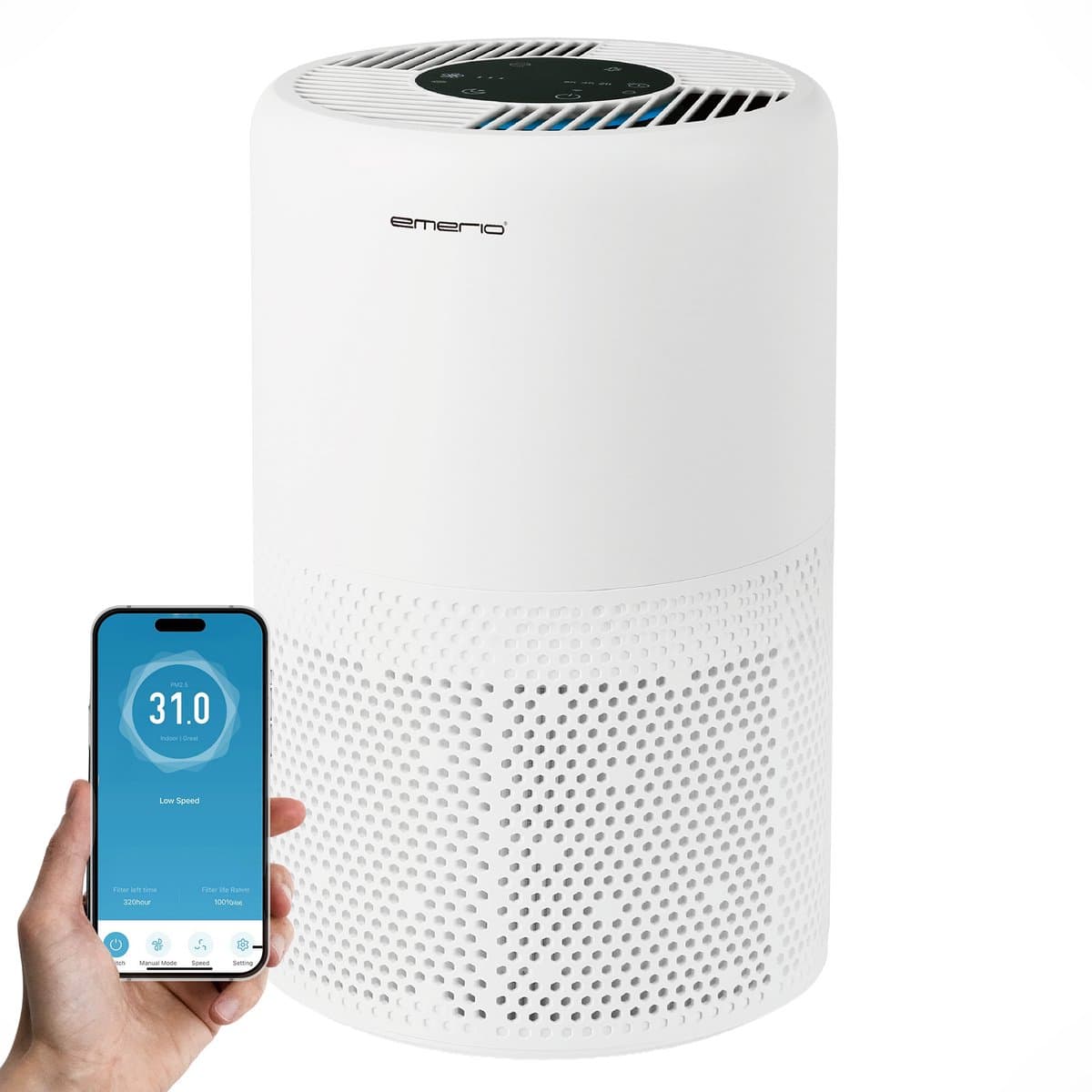Emerio Luchtreiniger - 25m² - 52dB - HEPA 13 + Koolstof Filter - Ionisatie Functie - Luchtkwalititeitsindicator - met App - Timer Functie - Helpt tegen allergie & hooikoorts - AP-132324 Wit