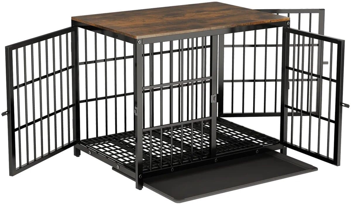 Allero Hondenbench - Hondenren - Hondennench L - 3 Deuren - Afneembaar houten blad - Hondenbench Hout - Zwart - Multifunctioneel