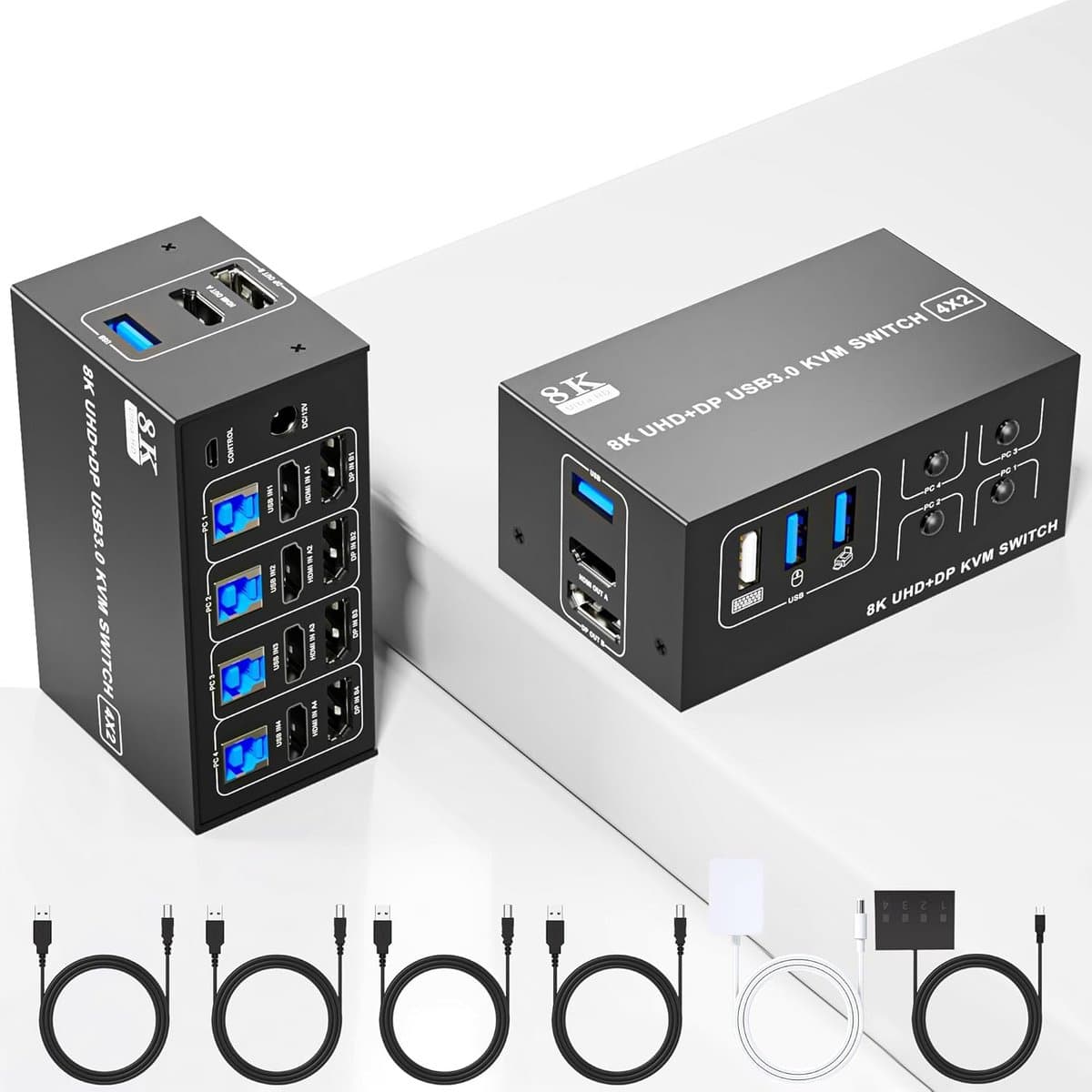 8K 60Hz KVM Switch 4 poorts voor Dual Monitor met USB 3.0 en HDMI 2.1 + DisplayPort 1.4