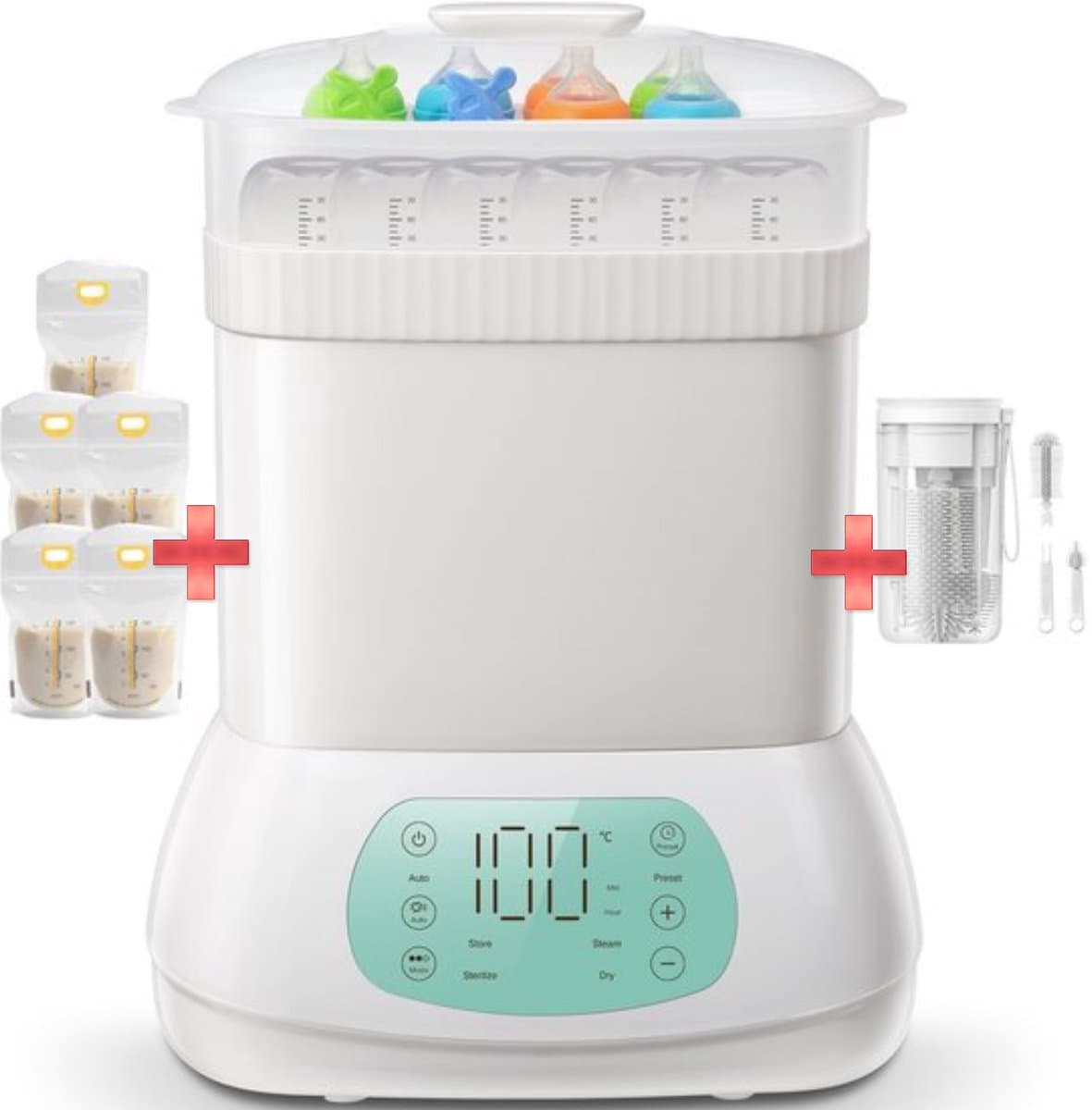 Sweet Sprout 6-in-1 Sterilisator met Stoomfunctie - Flessen sterilisator - Babyfles reiniger - Stoomsterilisator - Flessenwasser - Geschikt voor 6 flesjes - Met droogfunctie - Babyshower - Incl. 5 bewaarzakjes en flessenborstel