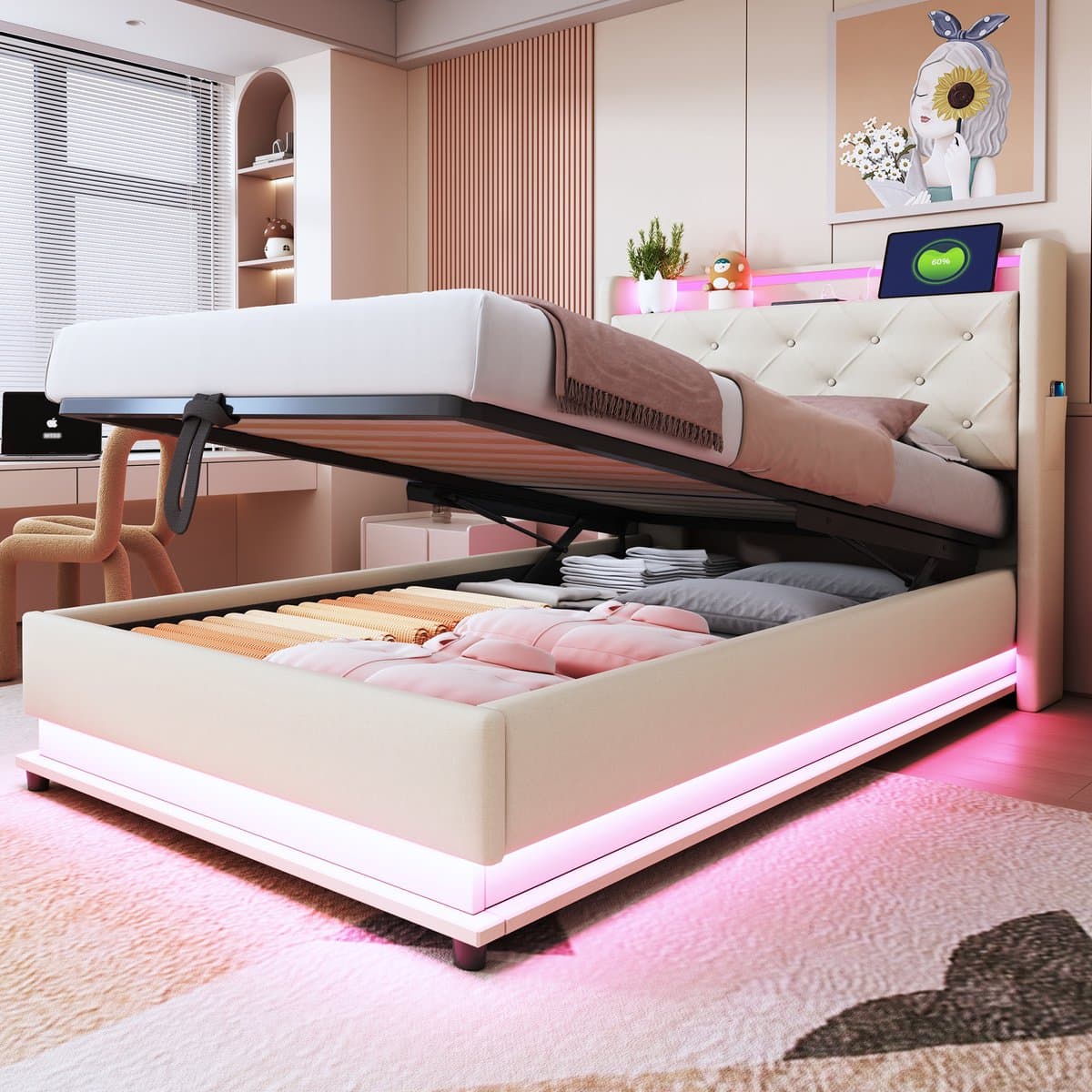 REDOM opbergbed 90x200 cm – Linnen beige – Hydraulisch – LED met kleurwissel – 3x USB + 1x Type-C – Opklapbaar hoofdbord – Opbergzakken (beide zijden) – 150 kg