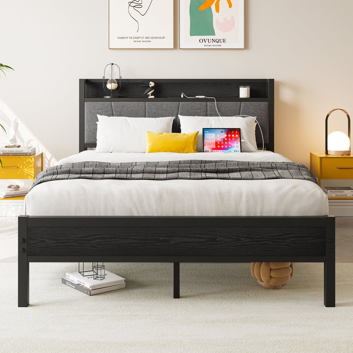 FloraGrace 140x200 Bedframes - Tweepersoonsbed - Stalen Bedframe - Eenvoudige Montage - USB Lader - Zwart