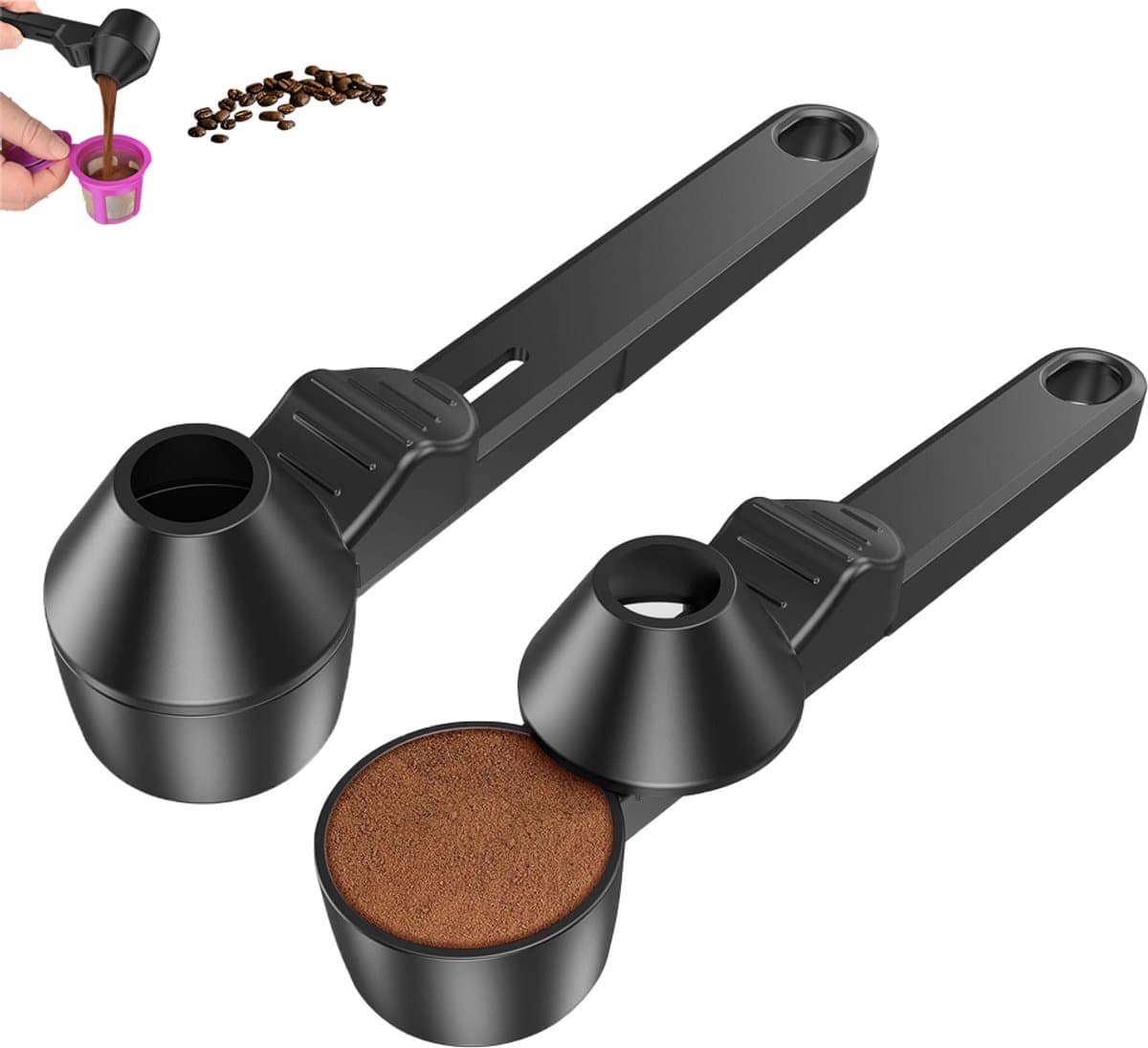 2 stuks - Koffieschepje met trechter - Grote, lekvrije, ronde koffieschep - Zwart - Koffieschepje en trechterset - Geschikt voor 2 tabletten - Ook geschikt voor eiwitpoeder, thee, enz.
