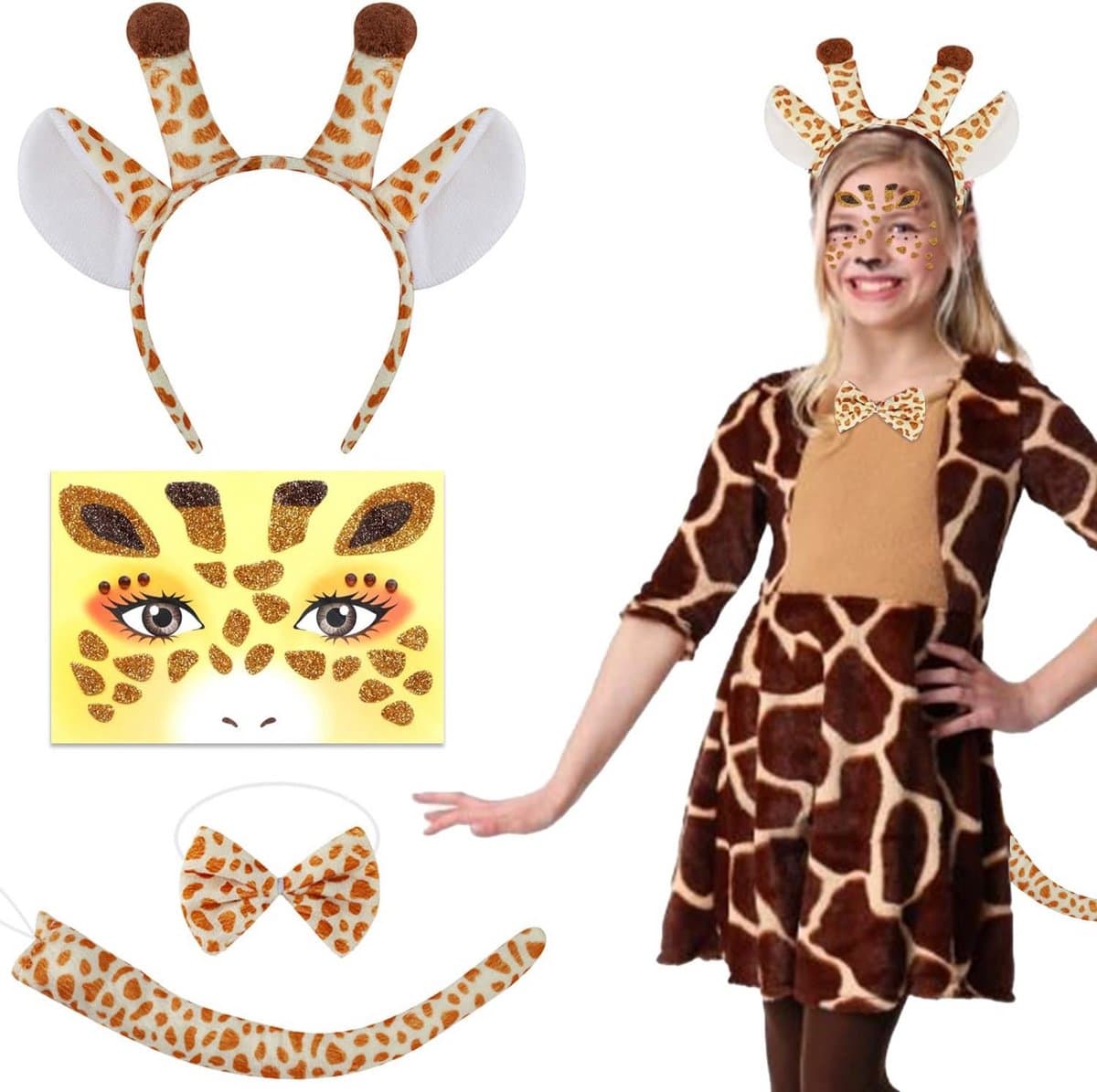 Luxe Verkleedset Giraf: Oortjes, Strik, Staart en Tatoeages voor Feest en Carnaval