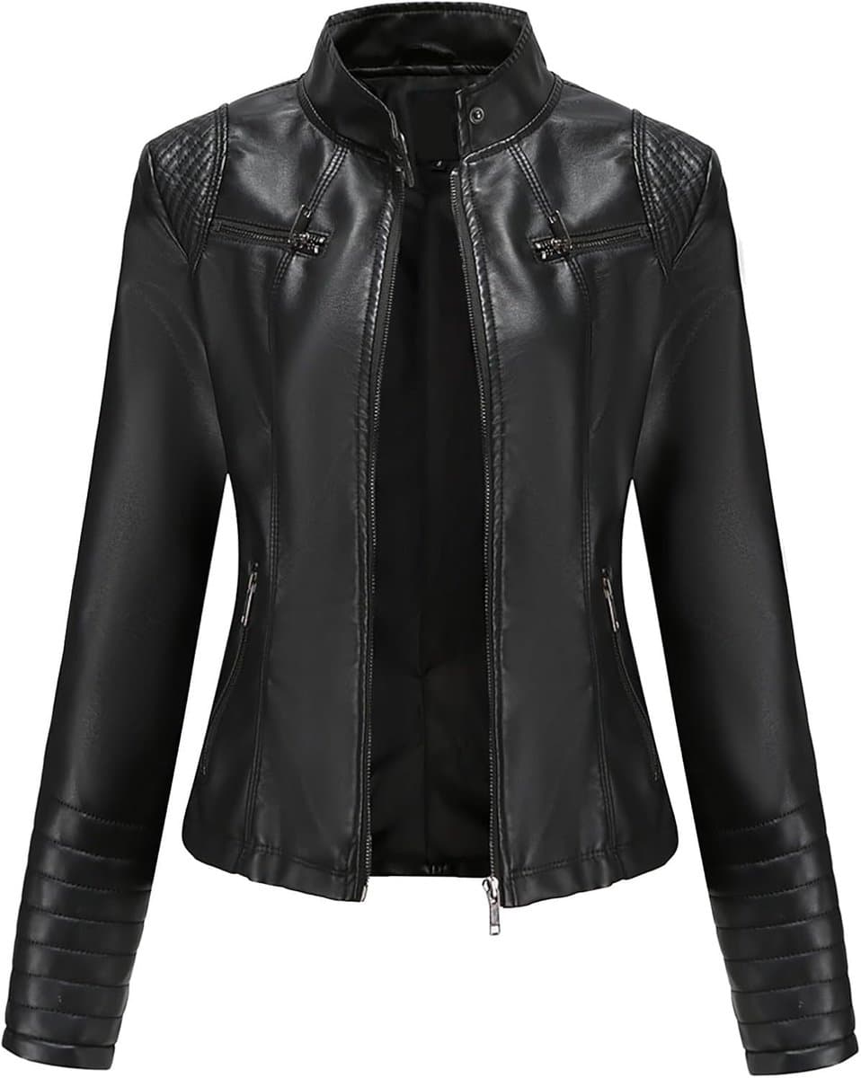 Damesjack PU leer - Overgangsjack lichtgewicht - Mode voor dames - Opstaande kraag - Slim fit