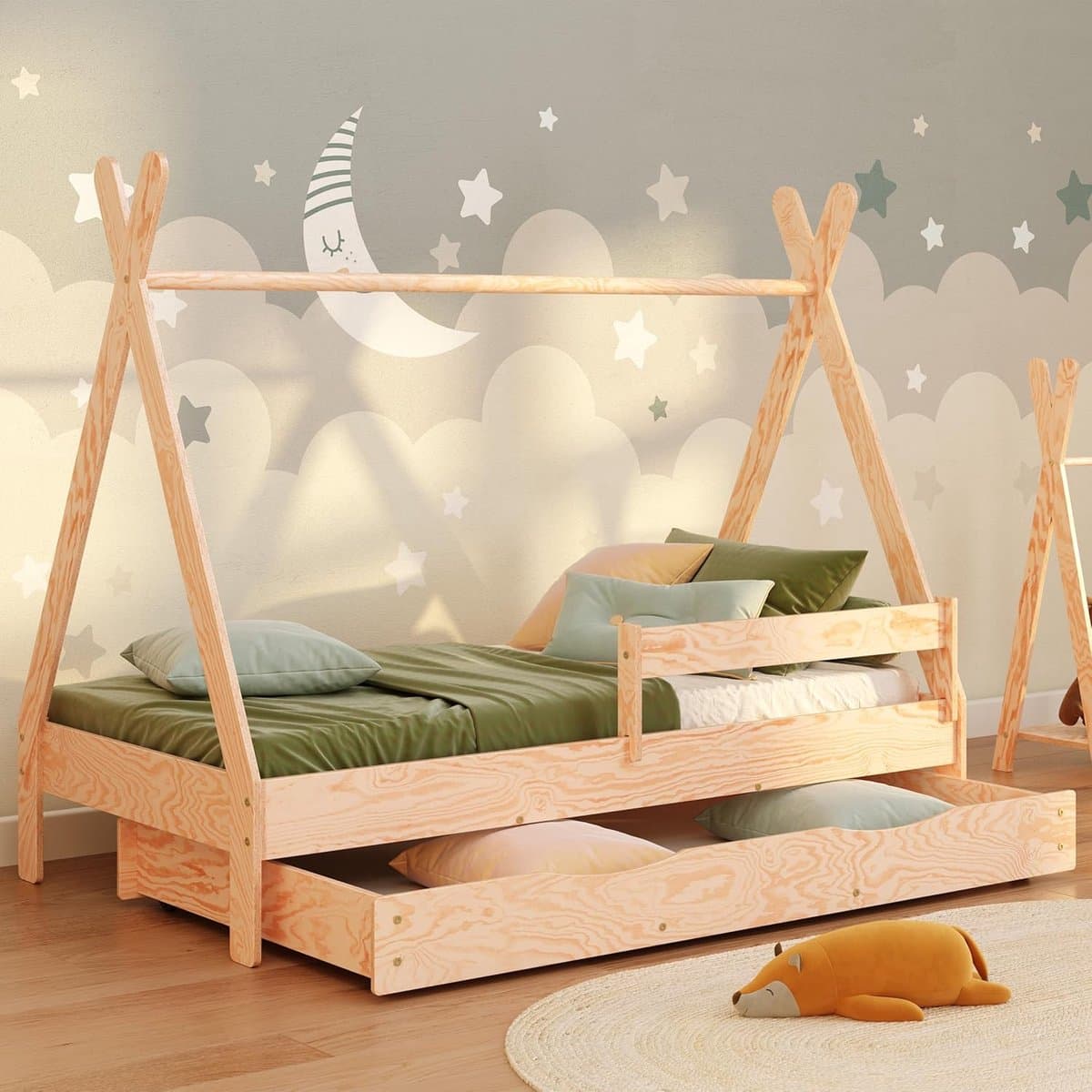 Kinderhuisbed - Montessori Bed - Kinderslaapkamer Inrichting - FSC Hout met Lade - 60x120 cm - Natuurlijk Grenen
