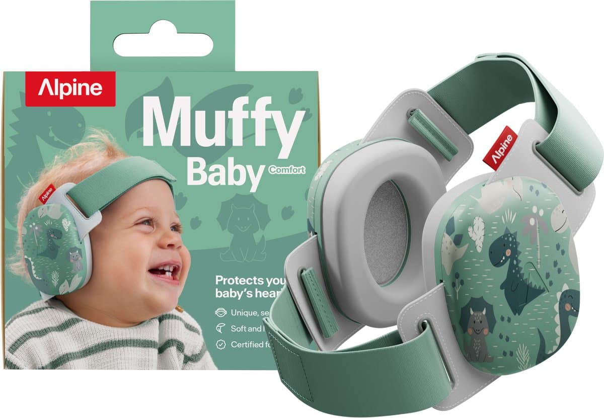 Alpine Muffy Baby Comfort (12-48 Maanden) - CE & ANSI Gecertificeerde Koptelefoon Baby - Verstelbare Gehoorbescherming Baby en Kinderen - Unieke Hoofdband voor Veilige & Comfortabele Pasvorm - 24 dB Demping - Happy Dinos