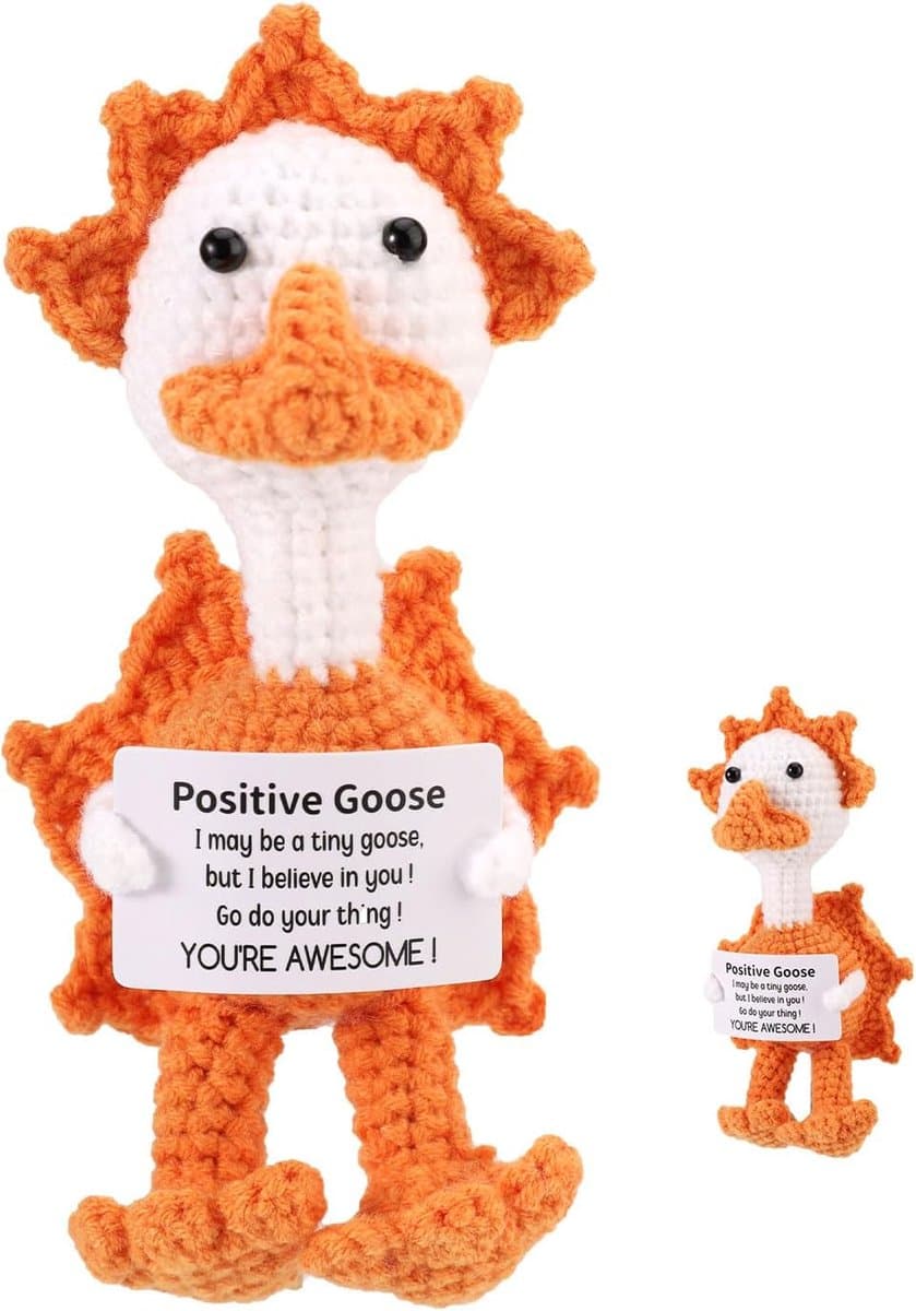 TOYMIS Positive Goose, Crochet Animals with Positive Posts Emotional Supportive Crochet Sun Goose for Encouraging Gift Home Office Decoration Graduation Gift(Orange)
