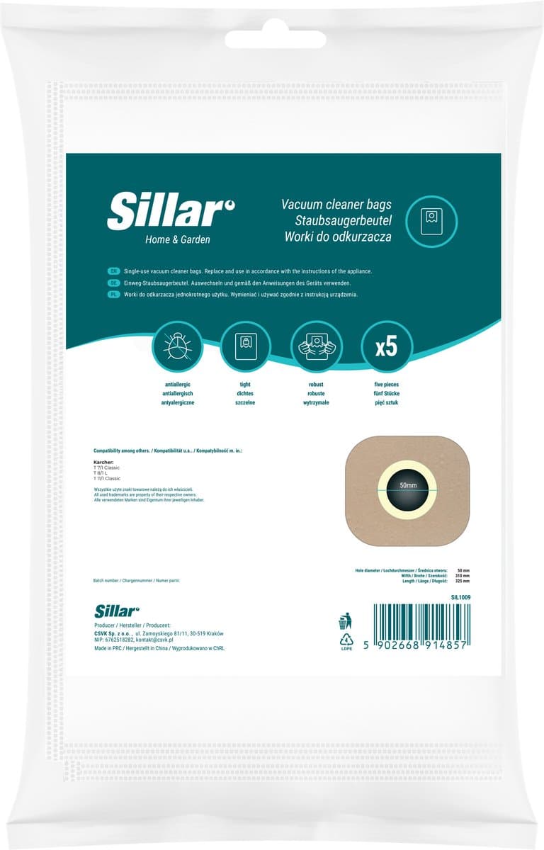 Sillar, stofzuigerzakken, synthetisch, anti-allergeen, 3 filterlagen, vervanging voor 6.904-084.0, geschikt voor stofzuigers Karcher T7/1 Classic T8/1 L T11/1 Classic, 5 stuks