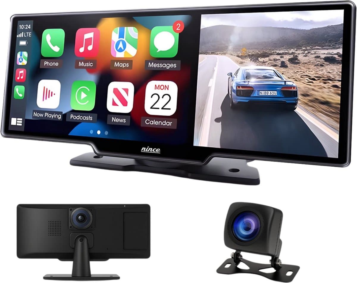 Nince CarPlay Scherm 10 Inch – Draadloos Apple CarPlay & Android Auto – Navigatiesysteem Auto – Met Dashcam & Achteruitrijcamera