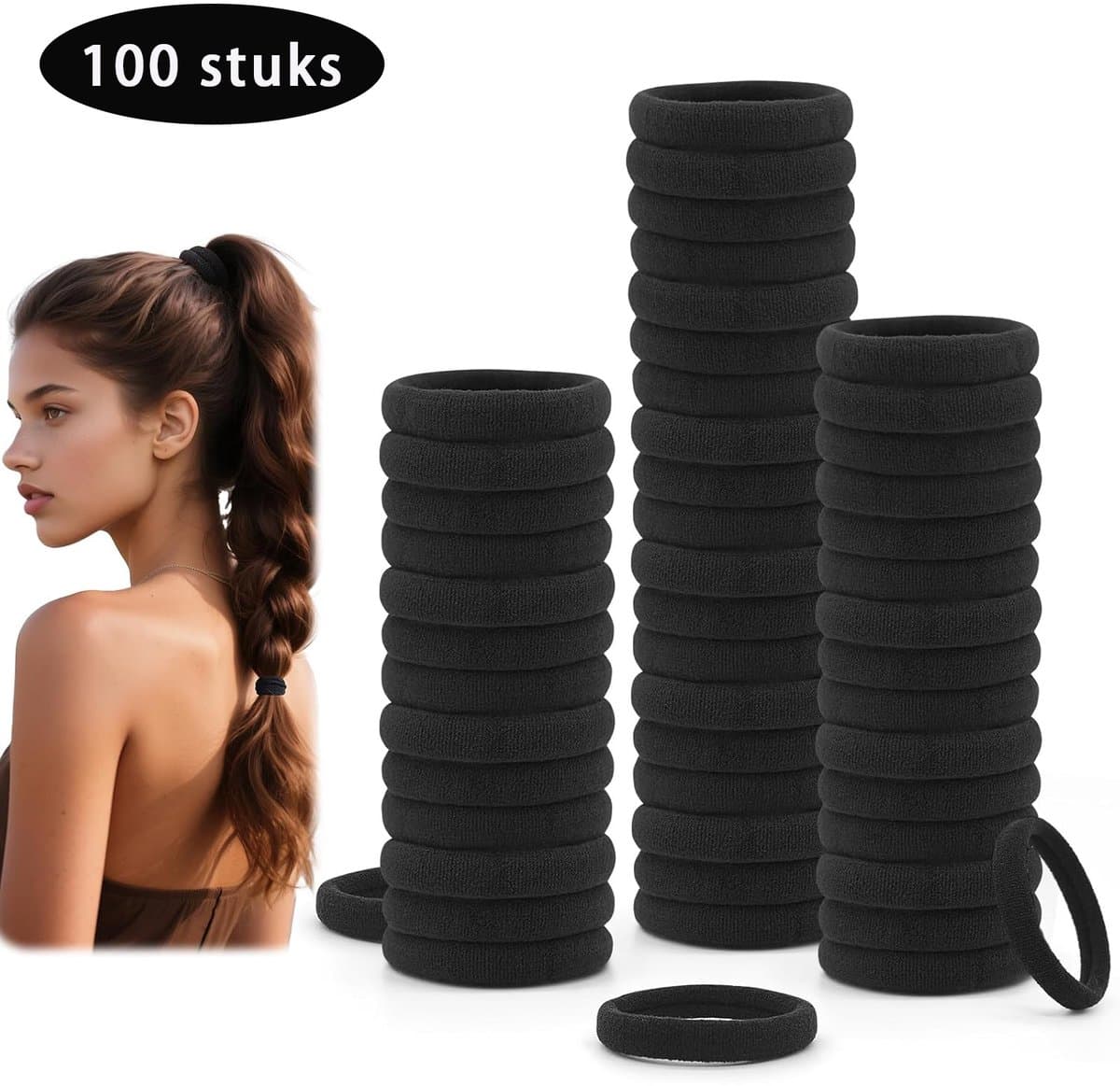 Crrynuo - Elastiekjes - Haarelastiekjes - Dames Haarbandjes - 21.8 Cm Uitrekbaar - 100 Stuks - Anti-Scheur - Zwart