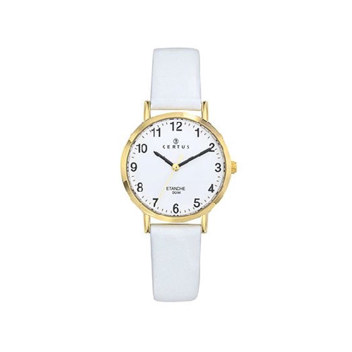 Certus-Dameshorloge-model 646587-wit lederen band-rond-goudkleurig-5 atm waterdicht -diameter 28 mm-duidelijke wijzerplaat-made in France
