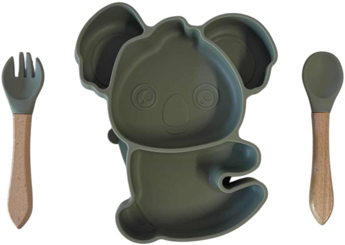 KimDo - Koala Siliconen babyservies set met zuignap - Groen - Kinderservies set - Babybordje - Kinderbordje - Baby servies - Babybestek - Kinderbestek – Babybestek - Oven, vriezer en vaatwasserbestendig - BPA en PVC vrij bord