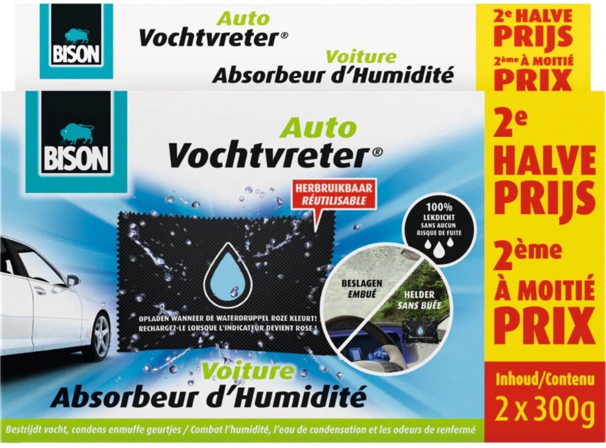 Bison Vochtvreter Auto, luchtonvochtiger speciaal voor in de auto, bestrijdt vocht en condens in auto's, herbruikbaar, 2x 300g, eenvoudig en veilig in gebruik