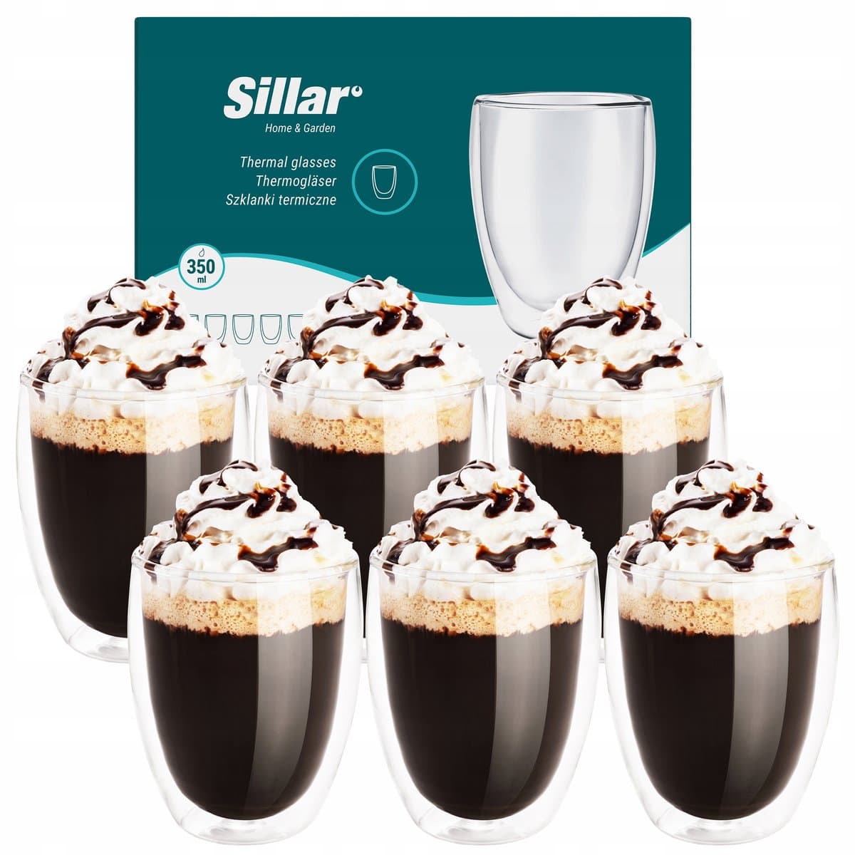 Sillar koffieglaasjes, met dubbele bodem, 6 x 350 ml, dubbel thermisch glas, borosilicaatglas, thermische glazen, koffieglaasjes, temperatuurbestendige glazen, latte macchiato-glazen