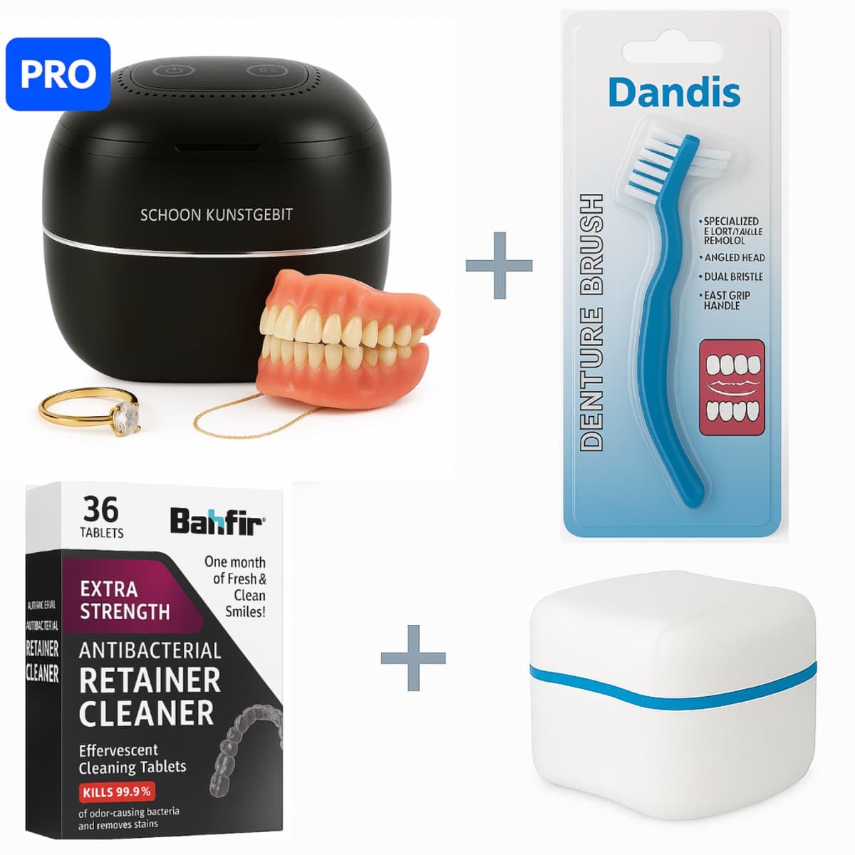 4‑in‑1 Professionele Ultrasone Kunstgebitverzorgingsset – Reiniger, Extra Sterke Tabletten, Borstel & Gebitsbakje – Complete Schoonmaakoplossing