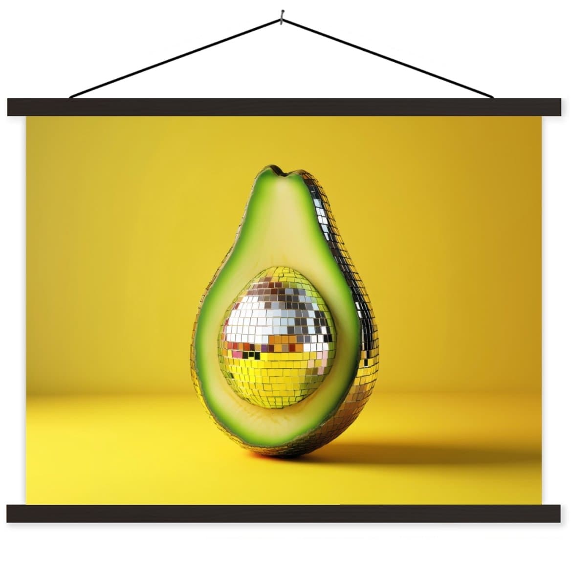 Posterhanger incl. Poster 120x90 cm - Schoolplaat - Avocado - Discobal - Geel - Glitter - Textielposter - Zwarte latten