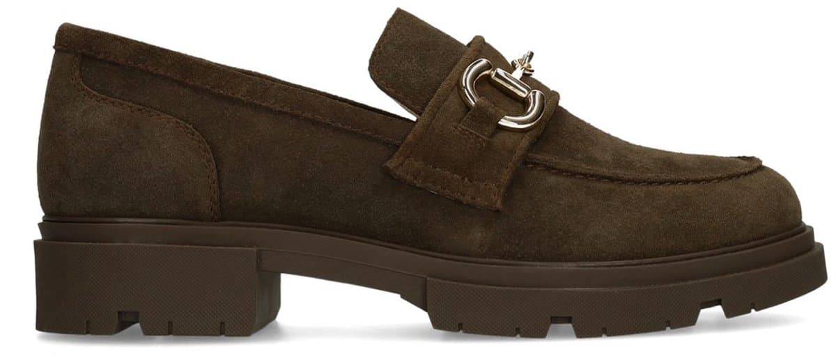 Manfield - Dames - Bruine suède loafers met goudkleurig detail - Maat 43