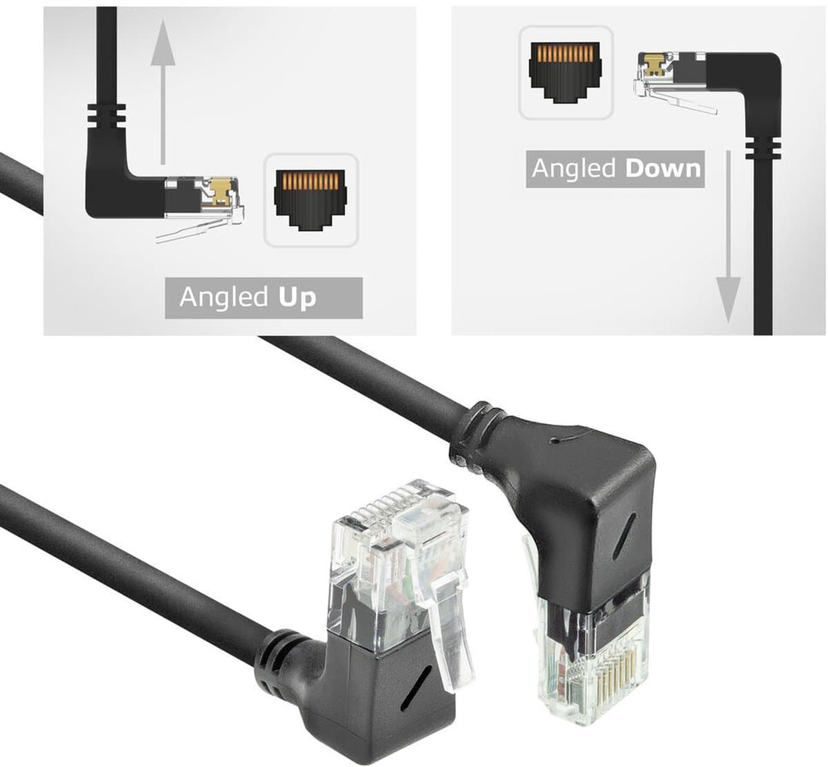 ACT Zwarte 2 meter U/UTP CAT6A LSZH Slimline patchkabel met RJ45 connectoren 90° haaks beneden naar 90° haaks boven DD7902