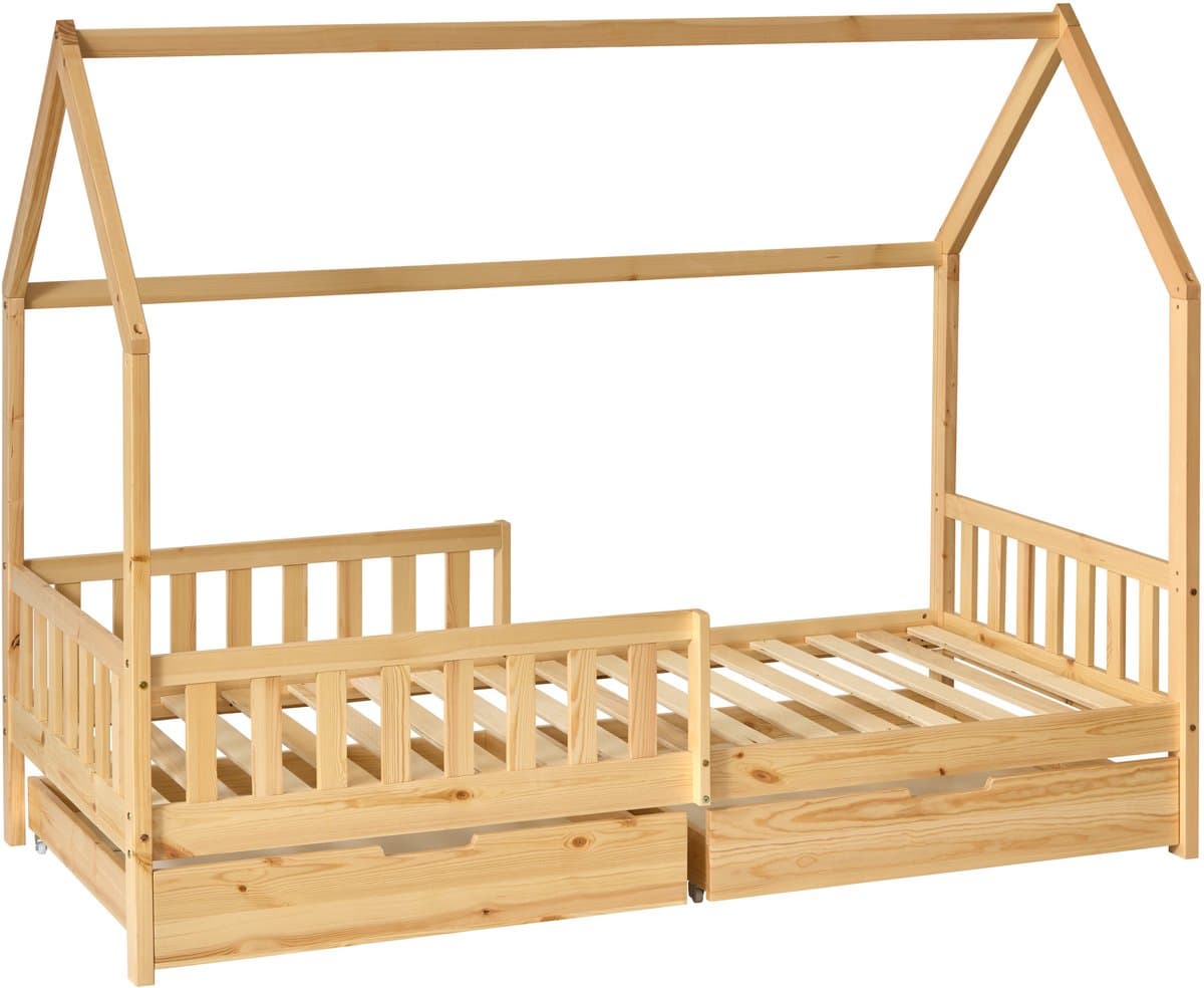 Kids kinderbed hut - 90 x 190 cm - Bed - Tentbed met bodem en lades - Met beschermrand