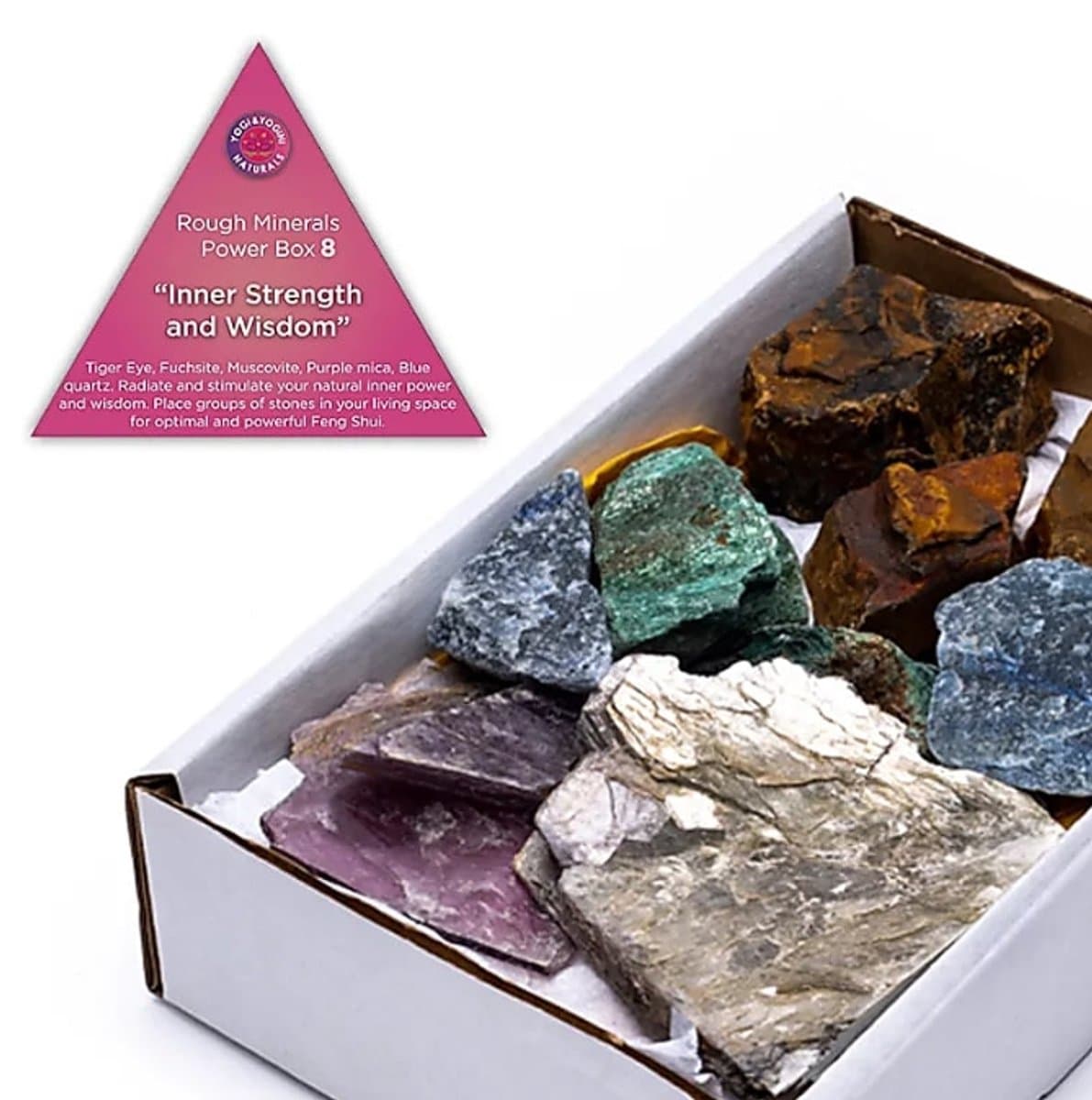 Power Set Innerlijke Kracht & Wijsheid (5 stenen) Ruwe Tijgeroog, Fuchsiet, Muscoviet, Paarse mica & Blauwe kwarts