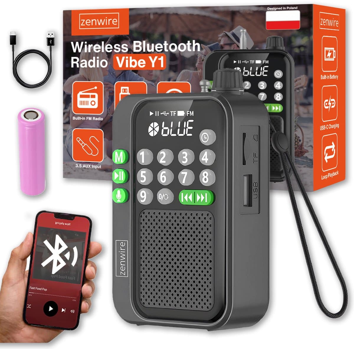 Zenwire® Y1 – Mini FM Radio & Bluetooth Speaker – Zakformaat – Voor Bouw/Koken – Batterijgevoed – Krachtig Geluid – Antenne – MP3 USB/TF – Licht & Draagbaar