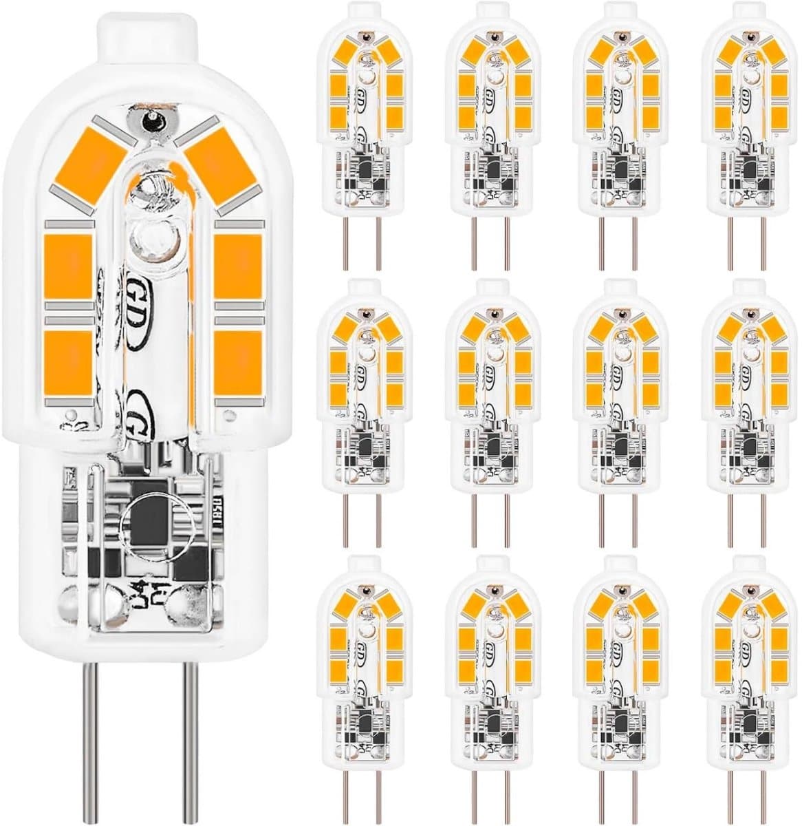 GELLDG G4 LED-lamp - 2W G4 LED-lamp - Warm wit 3000K - Gelijk aan een 20W halogeenlamp, 200 lumen G4 LED-lichtbron - 360° stralingshoek - Niet dimbaar - Flikkervrij - 12V AC/DC energiebesparende lamp - Verpakking van 12