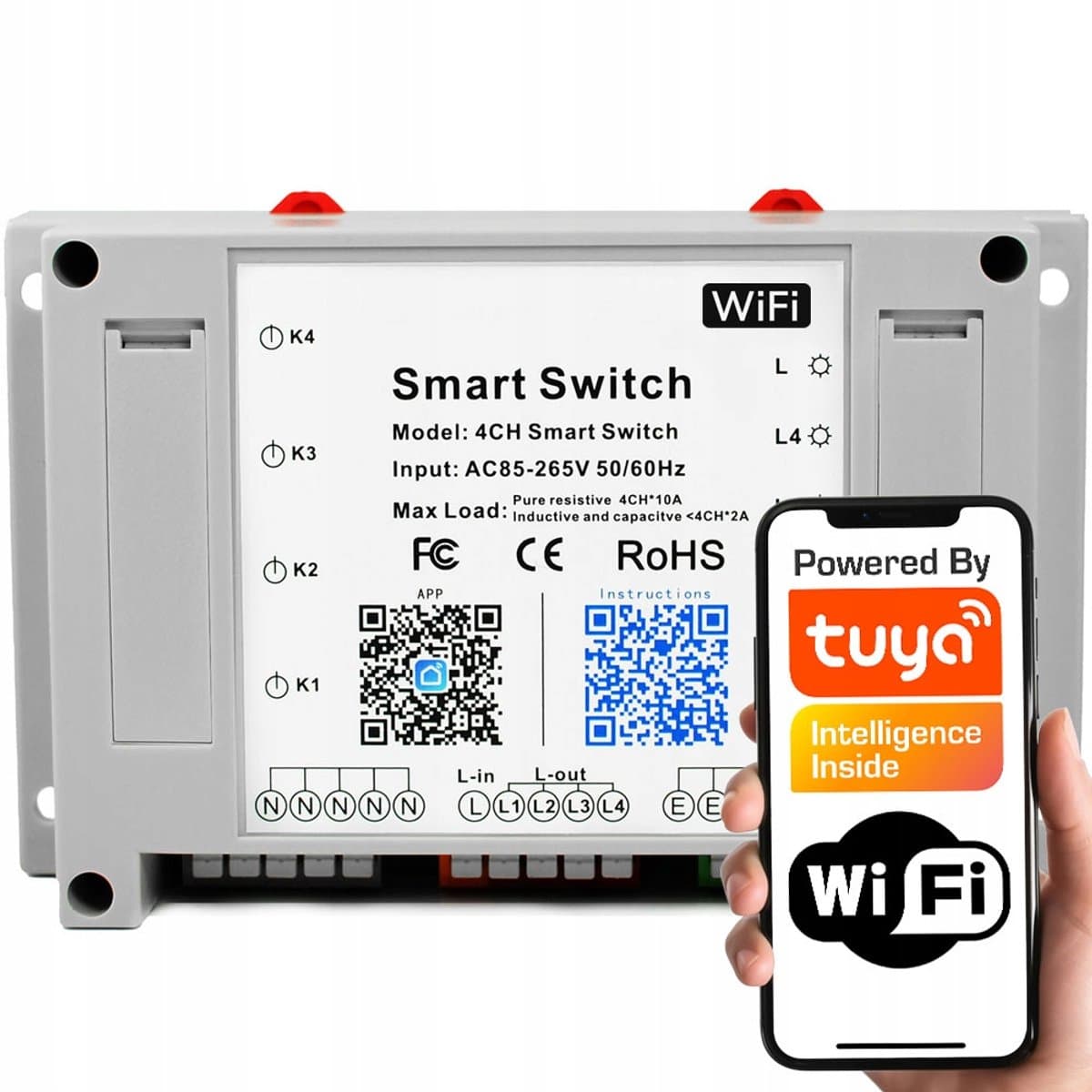 Slanke 4-kanaals WiFi Schakelaar 4x10A TUYA voor Thuisautomatisering