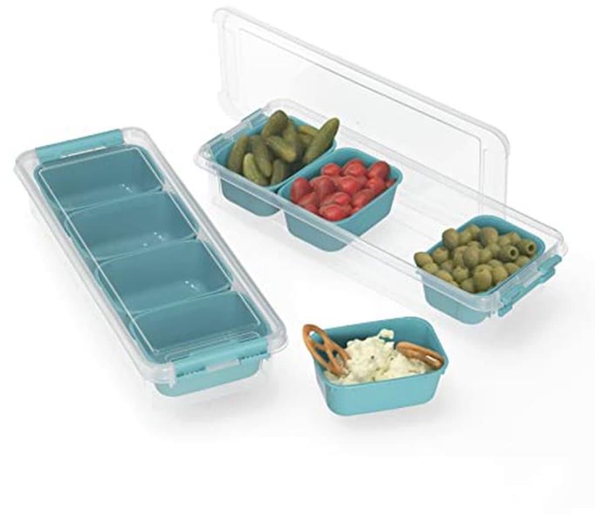 RoyalFay Napoli Ingrediëntencontainer, set van 2, stapelbare opbergdoos met 8 inzetstukken en 2 deksels, voedselveilige koelkastorganizer voor pizzazaag en meal prep, Caribisch blauw
