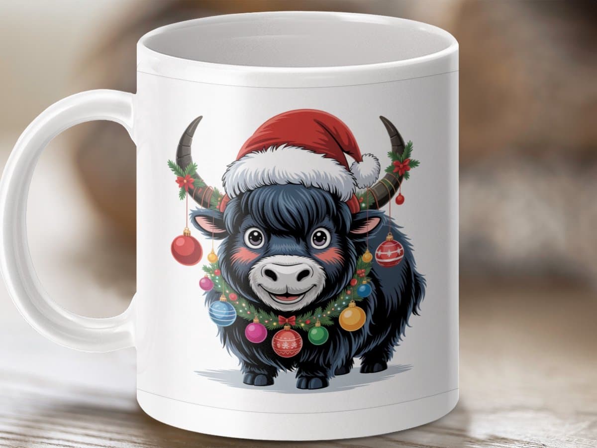 Mok Kerst Yak Mok, Schattige Koe met Kerstmuts, Feestdagen Mok, Cadeau voor Dierenliefhebbers, Kerstdecoratie, Nieuwjaar Mok