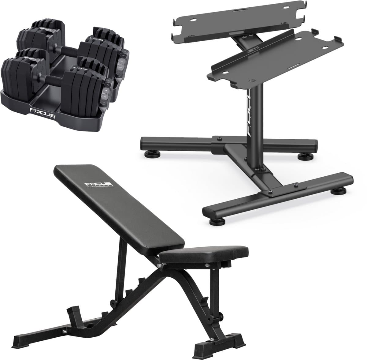 Focus Fitness Force 8 – Trainingsbank – Verstelbare Dumbbellset Shift 2x24 kg – Dumbbell Stand
