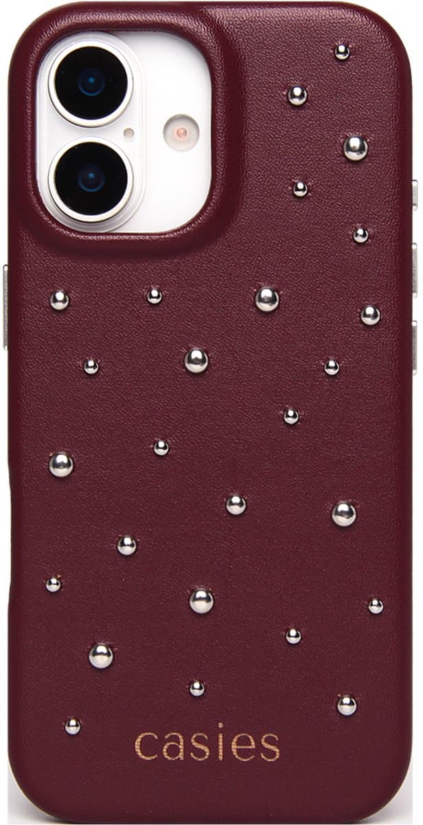 Casies studs hoesje geschikt voor iPhone 16 Plus - Burgundy red - Vegan leer - Bordeaux rood telefoonhoesje