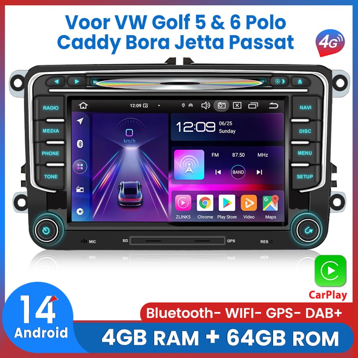 Awesafe Autoradio Geschikt voor Volkswagen Golf 5 & 6 Polo Caddy Bora Jetta Passat - CD/DVD Player - Apple Carplay & Android Auto - Android 14 - 4+64GB - 7 Inch IPS HD Touchscreen - Radio met navigatie - Bluetooth & Wifi