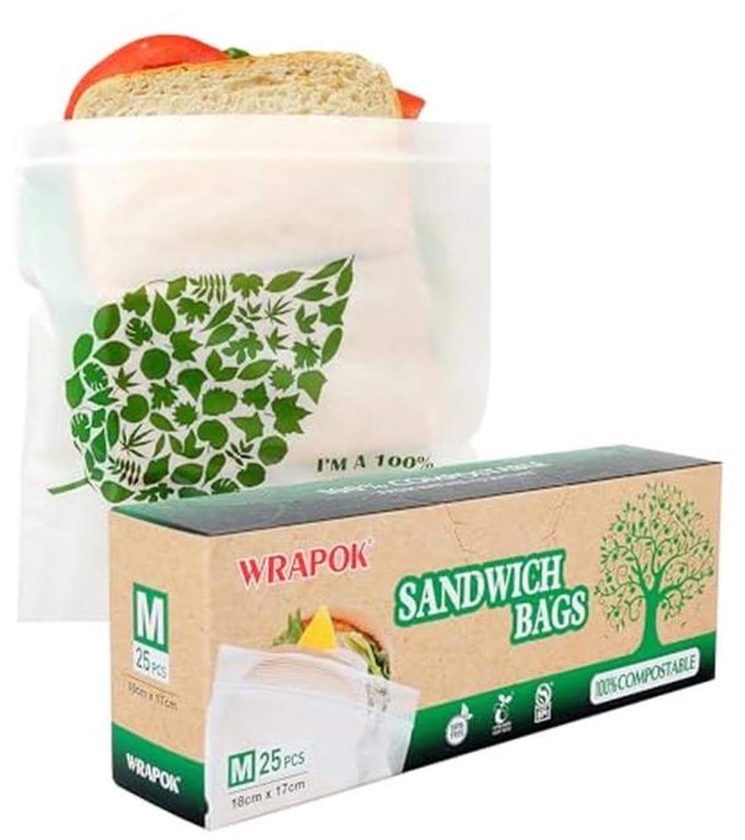 Biologisch afbreekbare sandwichzakken 25 stuks - composteerbare opbergdiepvrieszakken voor school en werk