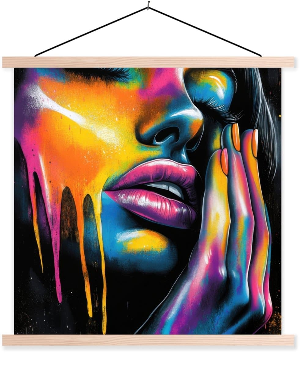 Posterhanger incl. Poster 120x120 cm - Schoolplaat - Vrouw - Gezicht - Verf - Kunstzinnig - Textielposter - Blanke latten