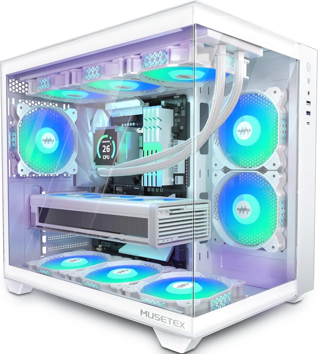 ATX Gaming PC-behuizing met 5 PWM ARGB Ventilatoren en 270° Panoramisch Gehard Glas