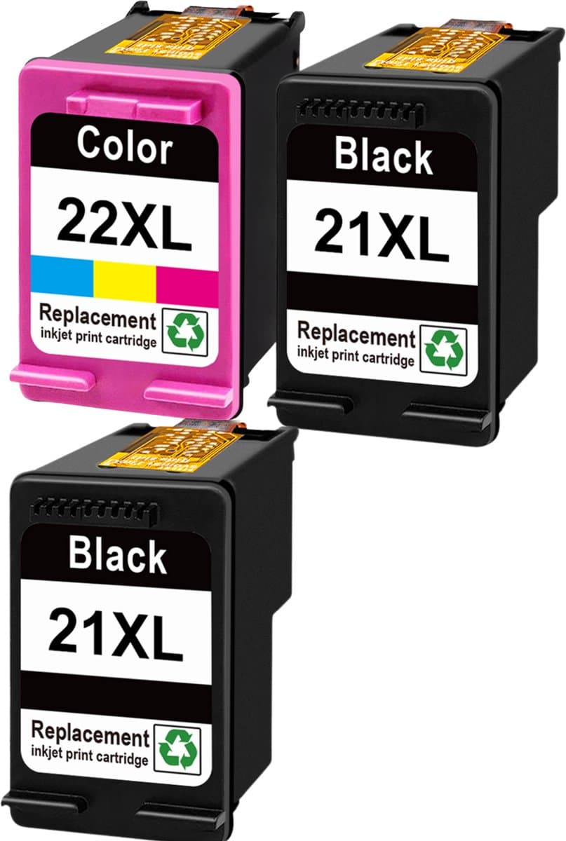 3 Compatibele HP 21XL + 22XL inktcartridges – Hoge Capaciteit – 2x Zwart + 1x Kleur – Voor DeskJet, OfficeJet en PSC modellen HP PSC 1410 DeskJet D1530 D1560 D2360 D2460 F335 F380 F390 F2180 F2290 HP Deskjet 3940, D1530, D2360, D2460, F2180, F2224, F