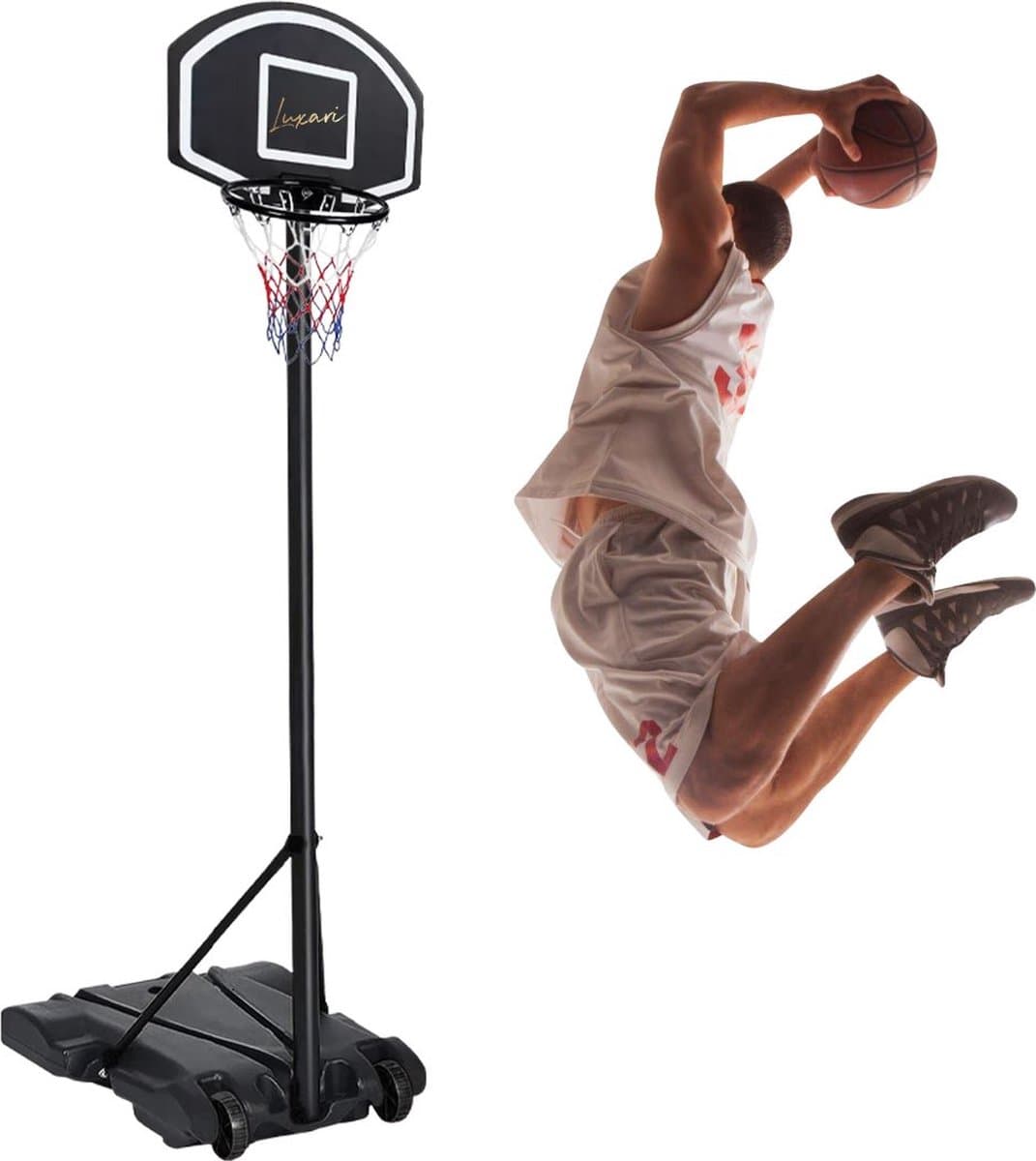 Luxari Basketbalpaal Pro - In Hoogte Verstelbaar: 170 - 215 cm - Basketbalring - Stevige Voetstuk - Zwart
